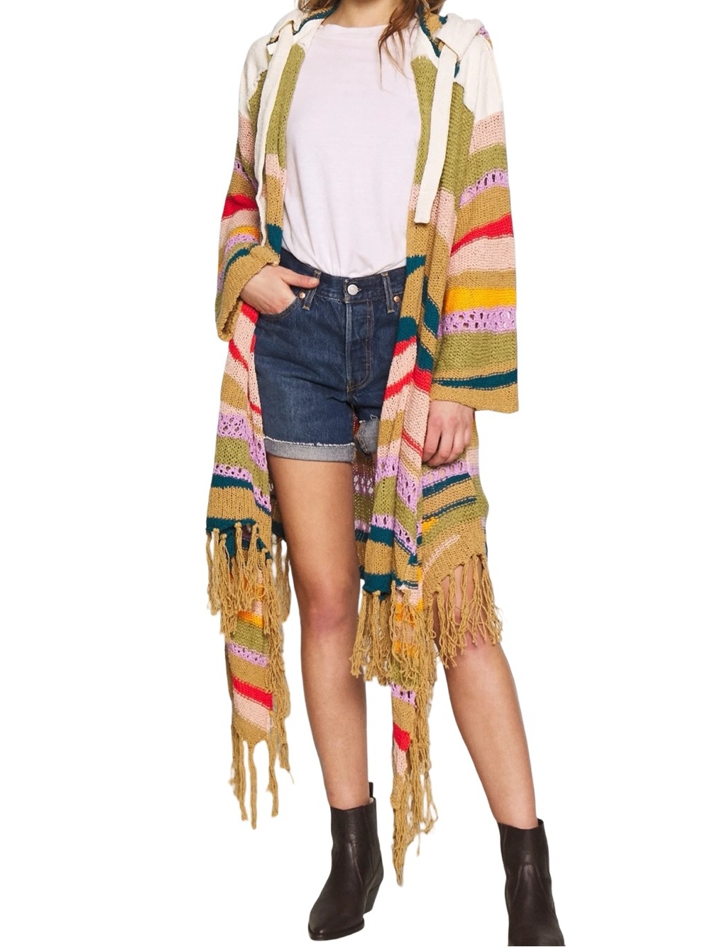 πππ Free People Bohemian Multi Stripe Hooded Fringe Cardigan Sweater Poncho πππ - Picture 3 of 11